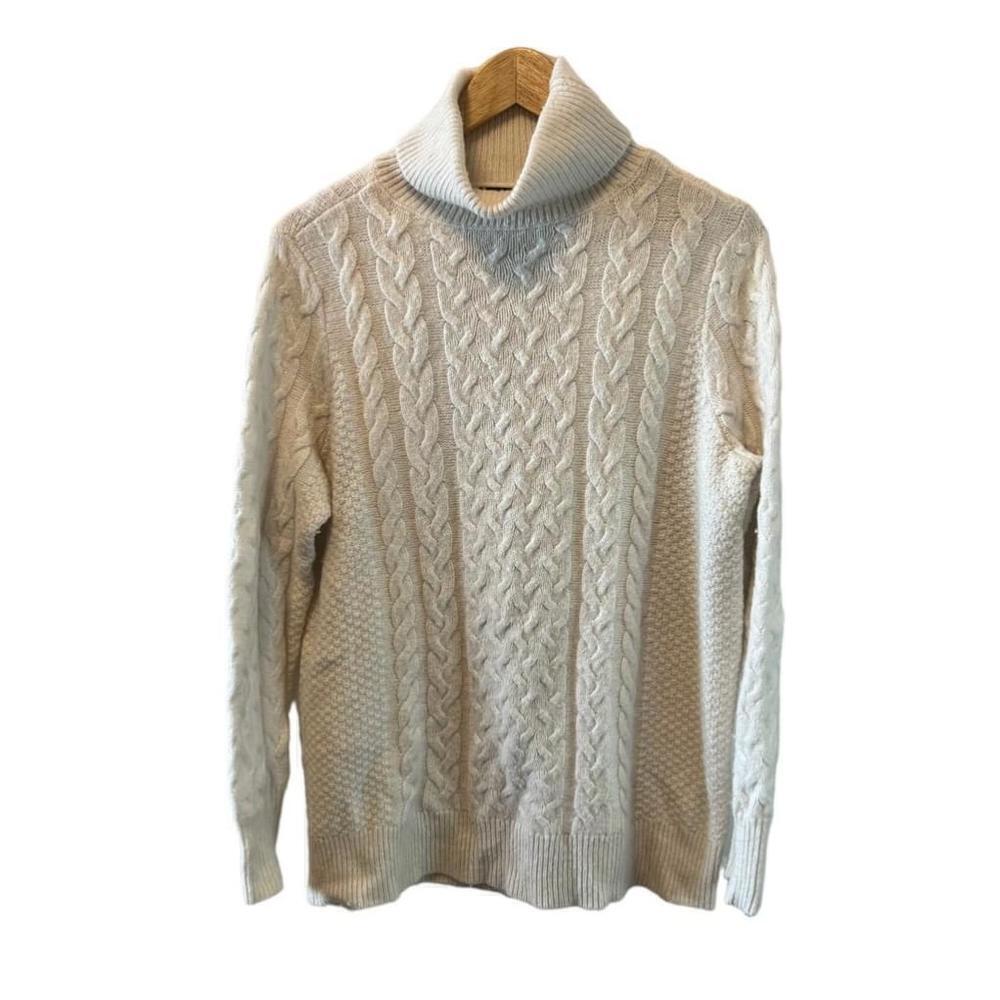 HALOGEN Wool Blend White Cable Knit Pullover Turtleneck Sweater M
